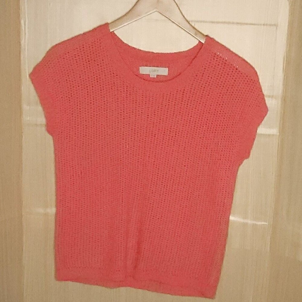 Loft Womens Salmon Pink Open Knit Boxy Short Sleeve Sweater Medium
